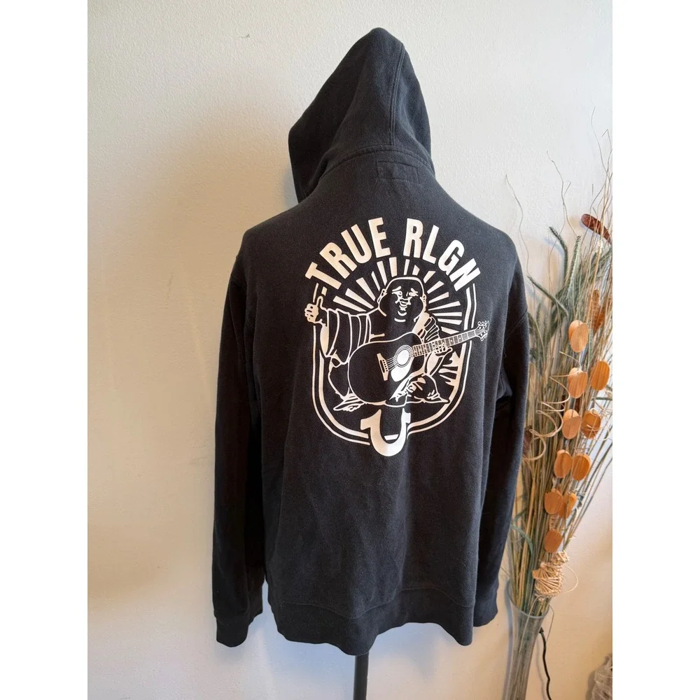 True Religion Mens 2XL Black‎ Buddha Guitar Graphic Full Zip Hoodie Sweatshirt